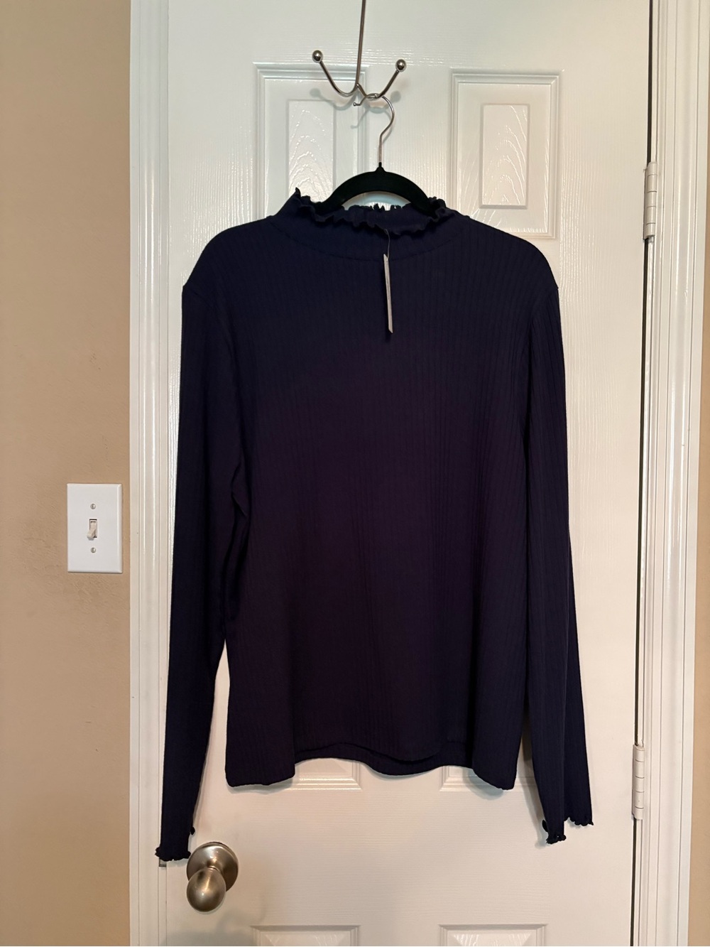 J. Crew Navy Ribbed Ruffle Mock-Neck Long Sleeve Top